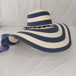 Wide Brim Sun Hat Straw  Ribbon Beige Blue Striped 20" Sophisticated Old Money